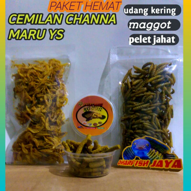 Paket Hemat Cemilan Channa Maru Yellow Sentarum 3varian(Maggot Udang kering Pelet jahat)