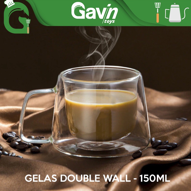 Gelas Double Wall 150ml Kaca Anti Panas Gelas Kopi Teh Dengan Handle Mug Kaca 150 ml