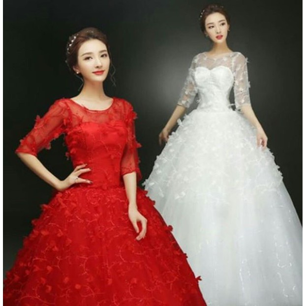gaun pengantin 1/2 lengan bordir renda ball gown / gaun putih ball gown / gaun merah ball gown
