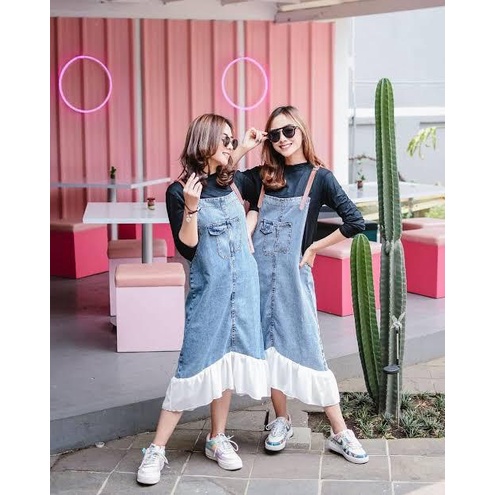 Mozy Overall Rok Tunik Jeans Denim Rempel Putih Fashion OOTD Wanita Remaja Kekinian