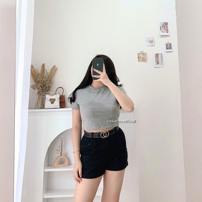 Lookatmeofficial • Atasan Basic Crop Top Polos Premium / Pamela T-Shirt / Crop Tee Wanita