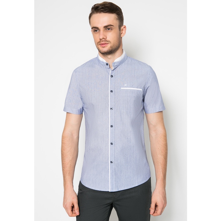 Johnwin - Slim Fit - Kemeja Pria - Biru - Kerah Shanghai - Lengan Pendek - Free keychain