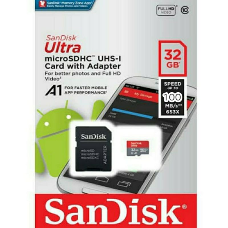 Memori Card Sandisk Free Adapter / Mmc MicroSD 32GB Class 10 Speed Up To 100MB/s