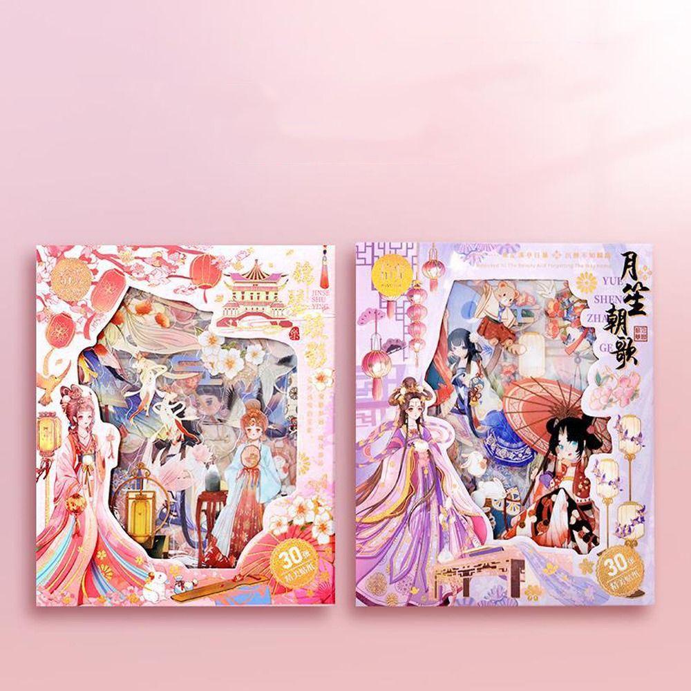 LANFY Stiker Alat Tulis 30lembar Self Adhesive Album Planner Tangan Akun Stiker Hias Hanfu Cewek Bahan Decals
