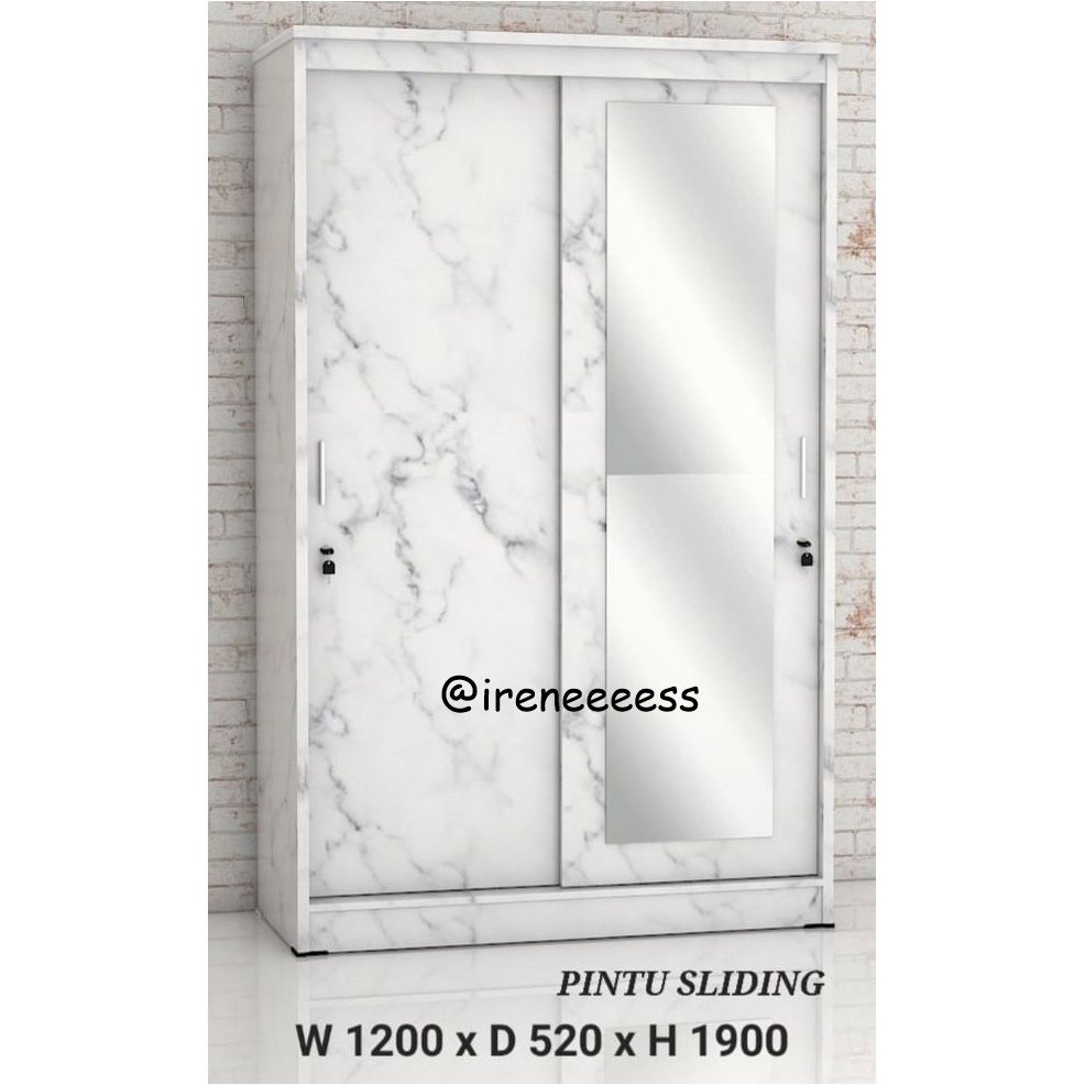 LEMARI PAKAIAN SLIDING MOTIF MARBLE PUTIH / LEMARI BAJU PINTU GESER MOTIF MARMER PUTIH