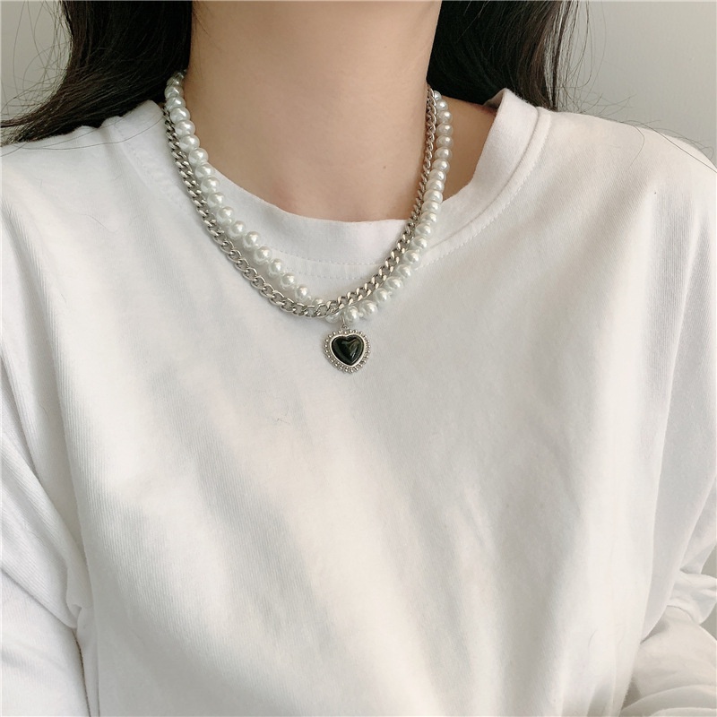 Kalung Rantai Dengan Liontin Mutiara Hitam Bentuk Hati Model Lapis Ganda Untuk Aksesoris