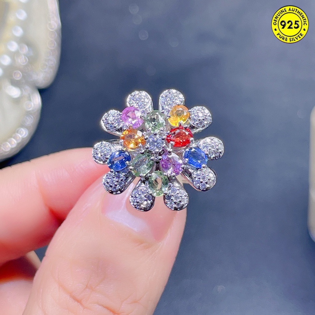 Cincin Model Terbuka Aksen Batu Sapphire Warna-Warni