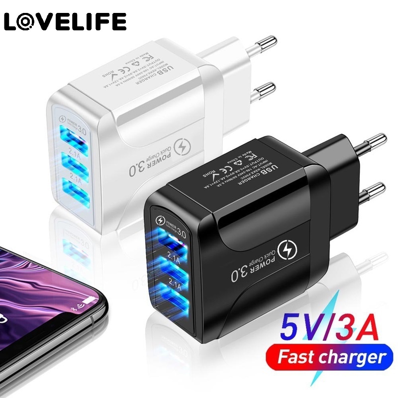 Adapter Charger Dinding 3 Port USB Fast Charging 15W Plug US / EU Untuk Handphone