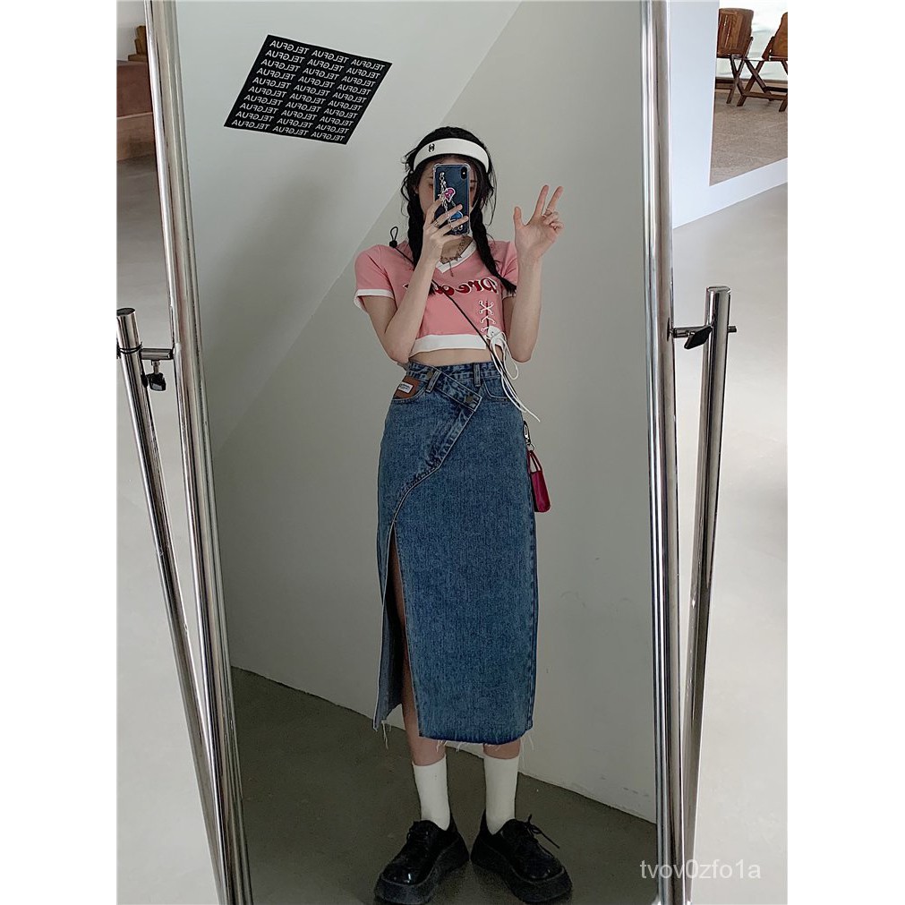 S-5XL Rok denim kebesaran Tidak Teratur Celah Denim Rok Wanita Rok Panjang Pinggang Tinggi