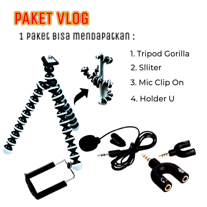 [BISA COD]PAKET vlog MIC CLIP ON MICROPHONE + TRIPOD GORILA BESAR +SPLITER