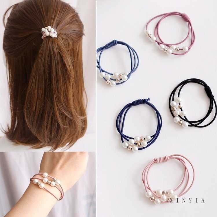 1 PC Busana Mutiara Tali Rambut / Multilayer Cincin Rambut Elastis / Ekor Kuda Tali Rambut Mutiara