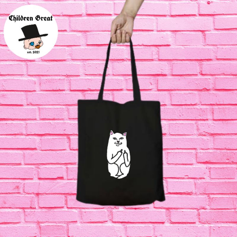 Tote bag CAT F*CK totebag resleting distro canvas / tas jinjing hitam polos vintage