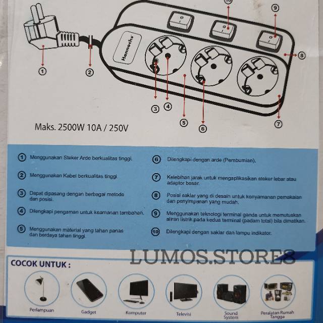 Stopkontak 3 Lubang + Kabel 3 M Hannochs CHICAGO HSC073