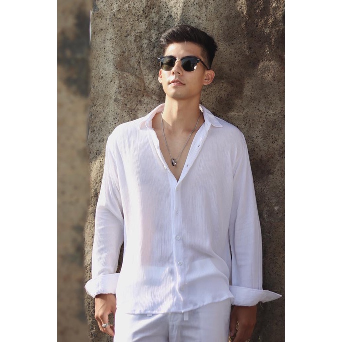 KD34BT Baju Kemeja Putih Polos Premium Lengan Panjang Crinkle Beachwell Bali / Kemeja Pria / Kemeja 