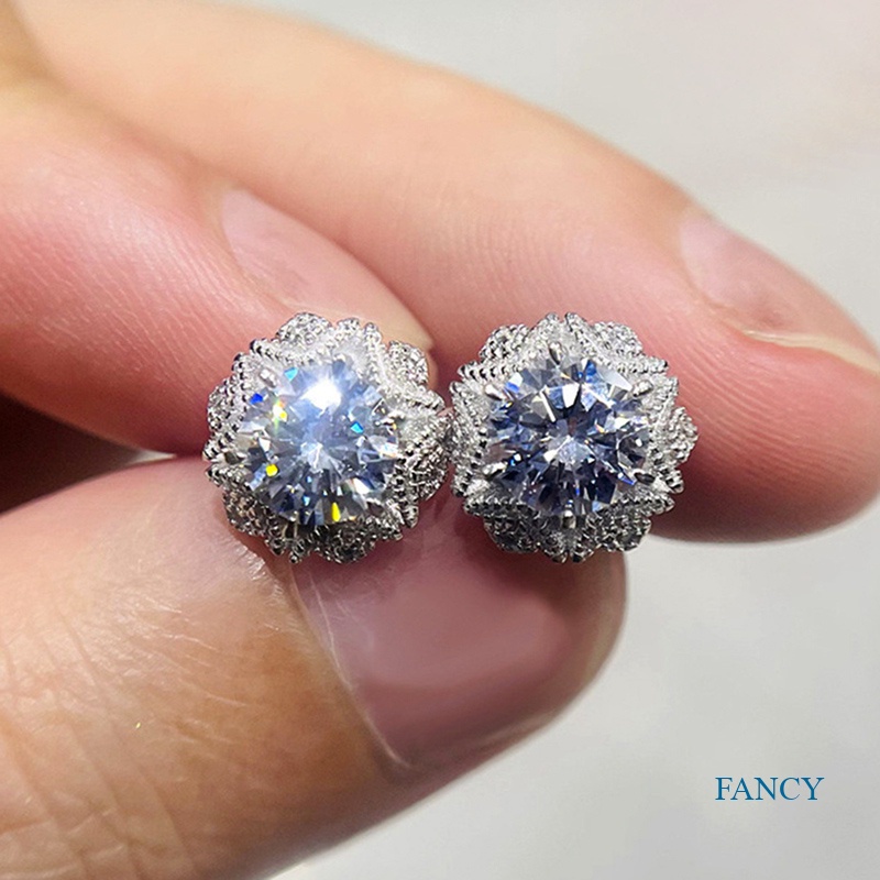 Anting Stud Cubic Zirconia Desain Bunga Sparkling Untuk Wanita