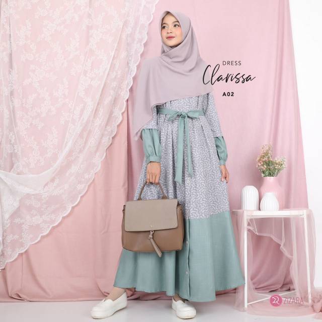 Gamis Clarissa Dress Zizara Kode A02 Warna Hijau Tosca Busui Syari Cantik Manis Polos Mix Motif