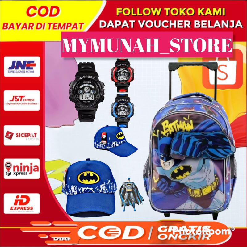 TAS TROLI ANAK SEKOLAH 3D KARAKTER SPIDERMAN BATMAN/GRATIS JAM SPORT ANAK