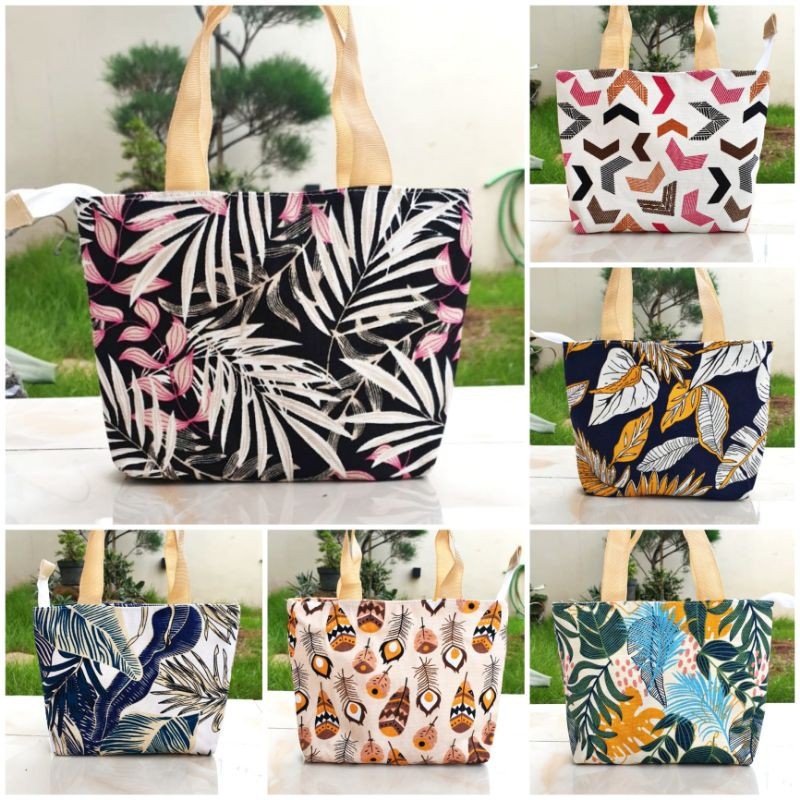 TAS JINJING HANDBAG - TAS MUKENA - TAS MAKEUP BAHAN KANVAS MOTIF - TAS BAHU WANITA