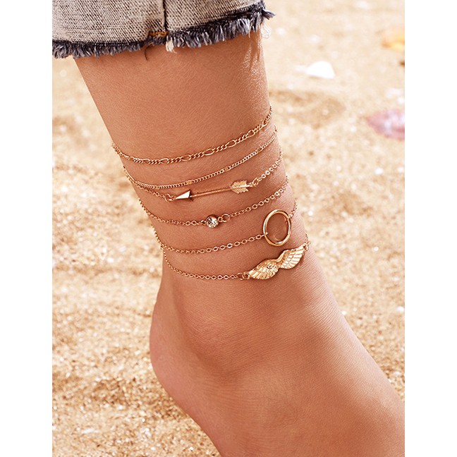 LRC Gelang Kaki Fashion Gold Alloy Rhinestone Arrow Wings Anklet 6 Piece Set D42471