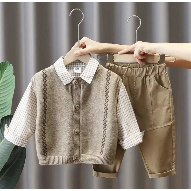 setelan anak baju kemeja dan celana anak 3 in 1 harga grosir 1-5 tahun