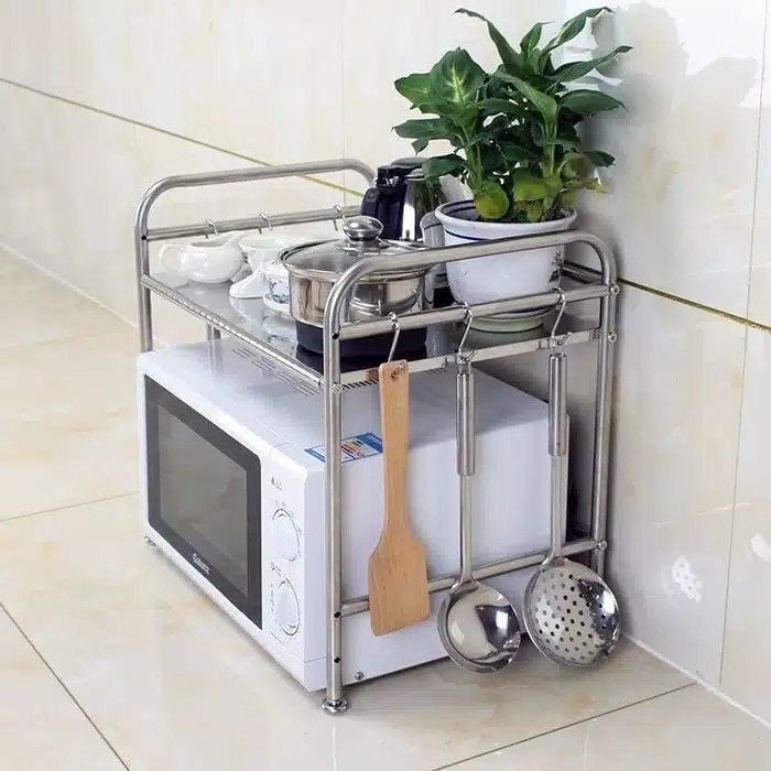 Rak Microwave Oven Stainlees Steel 2 Susun Rak Dapur Bonus 6 Gantungan