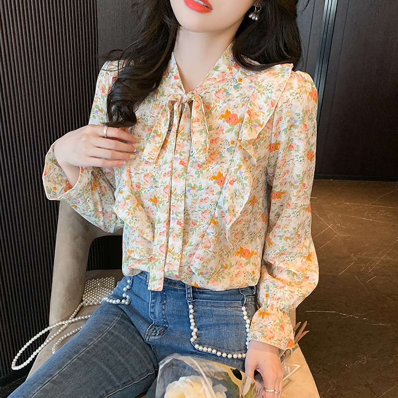 COD 2022 Green Orange Fashion Korea Style Lengan Panjang Blus Wanita Musim Panas Casual Blouse Motif Bunga Bahan Sifon Warna Atasan Kemeja Wanita