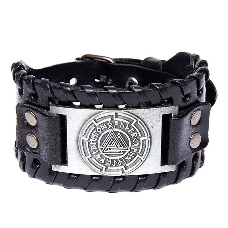 Gelang Tangan Kulit Asli Desain Totem Segitiga Viking Rune Gaya Nordic Untuk Pria