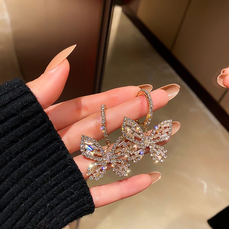 Fashion Luxury Gold Color Full Diamond Butterfly Pendant Earrings/ High-end Exquisite Geometric Alloy Eardrop