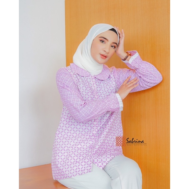 HALIN Atasan Blouse Batik Modern Wanita Kerja Kantoran Modis Kekinian Cap Katun Lilac Lavender