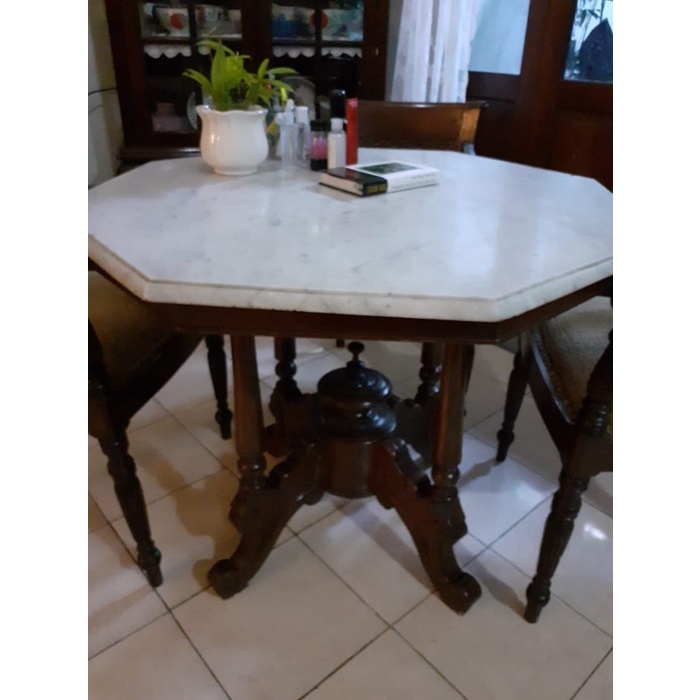 MEJA TAMU JATI ANTIK DAN MARMER SEGI 6