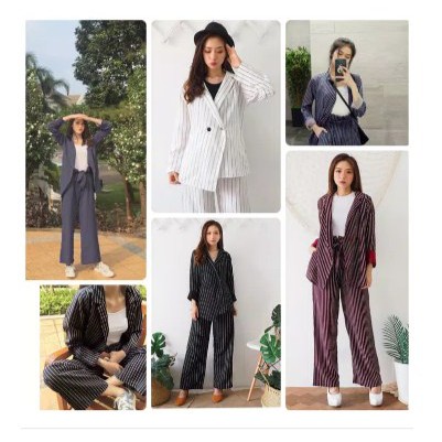 Chamele - Vivaldi Asymmetrical Stripe Setelan Wanita Motif Salur 2160 - NAVY SETELAN