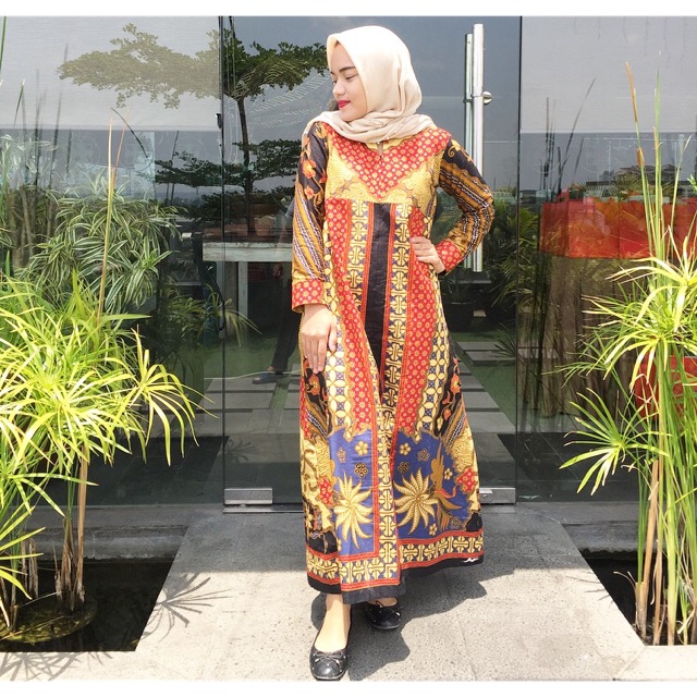 GAMIS SINARAN POLA ORANGE BIRU HITAM KOMBINASI MUSLIM BAJU RESLETING DEPAN  MURAH CANTIK SERAGAM