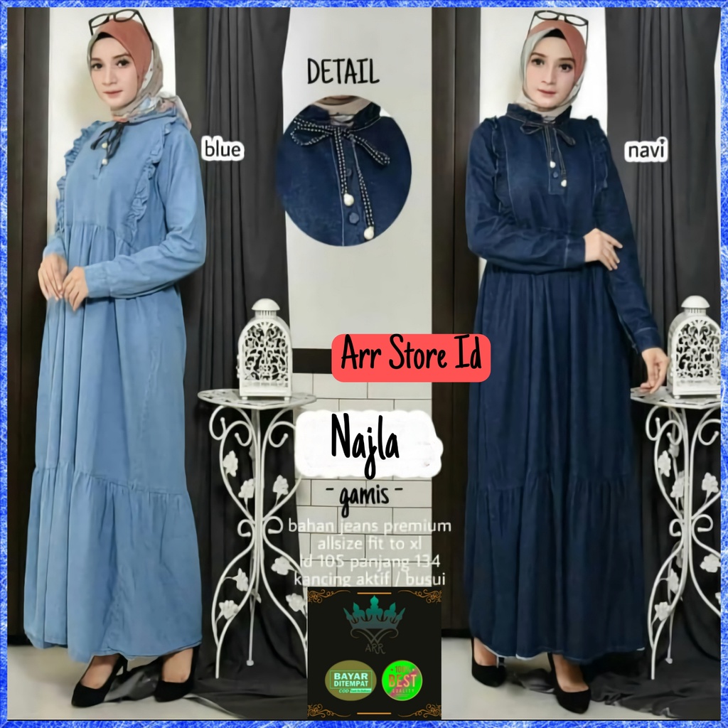 Baju Gamis Dress Jeans Jins Denim Wanita Terbaru 2023 Kondangan Busui Aplikasi Susun Cantik Premium Kekinian Ld 105 P 134 New Najla Maxy Allsize