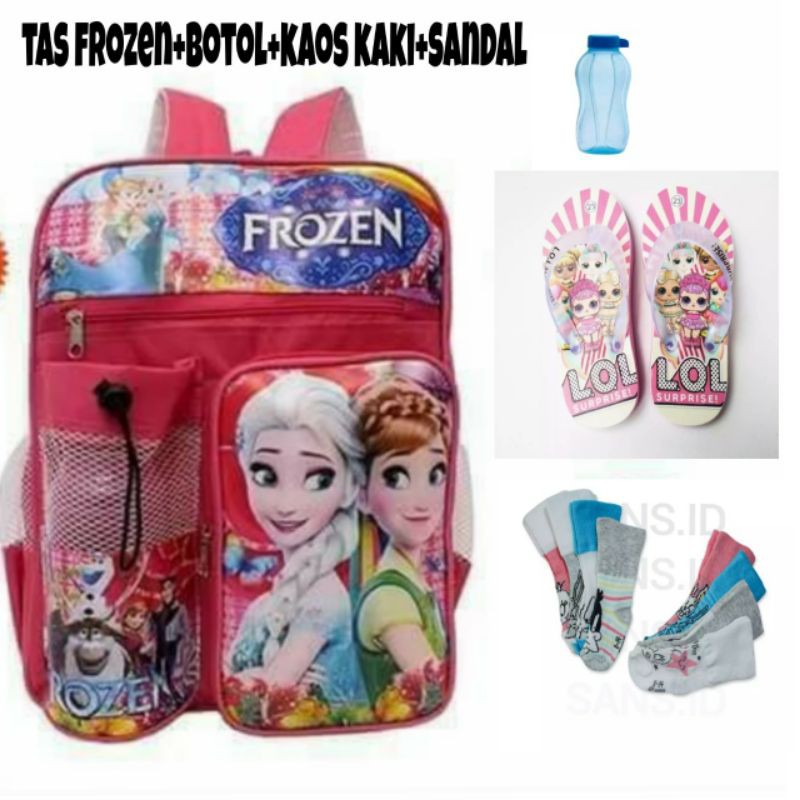 Rangsel anak sekolah sd dan tk tas frozen gratis botol+kaos kaki+sandal size 28-35