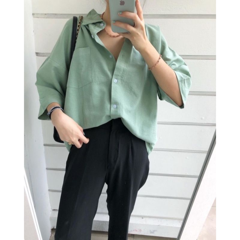 LINEN SHIRT MJON KEMEJA WANITA OVERSIZE  LENGAN PENDEK