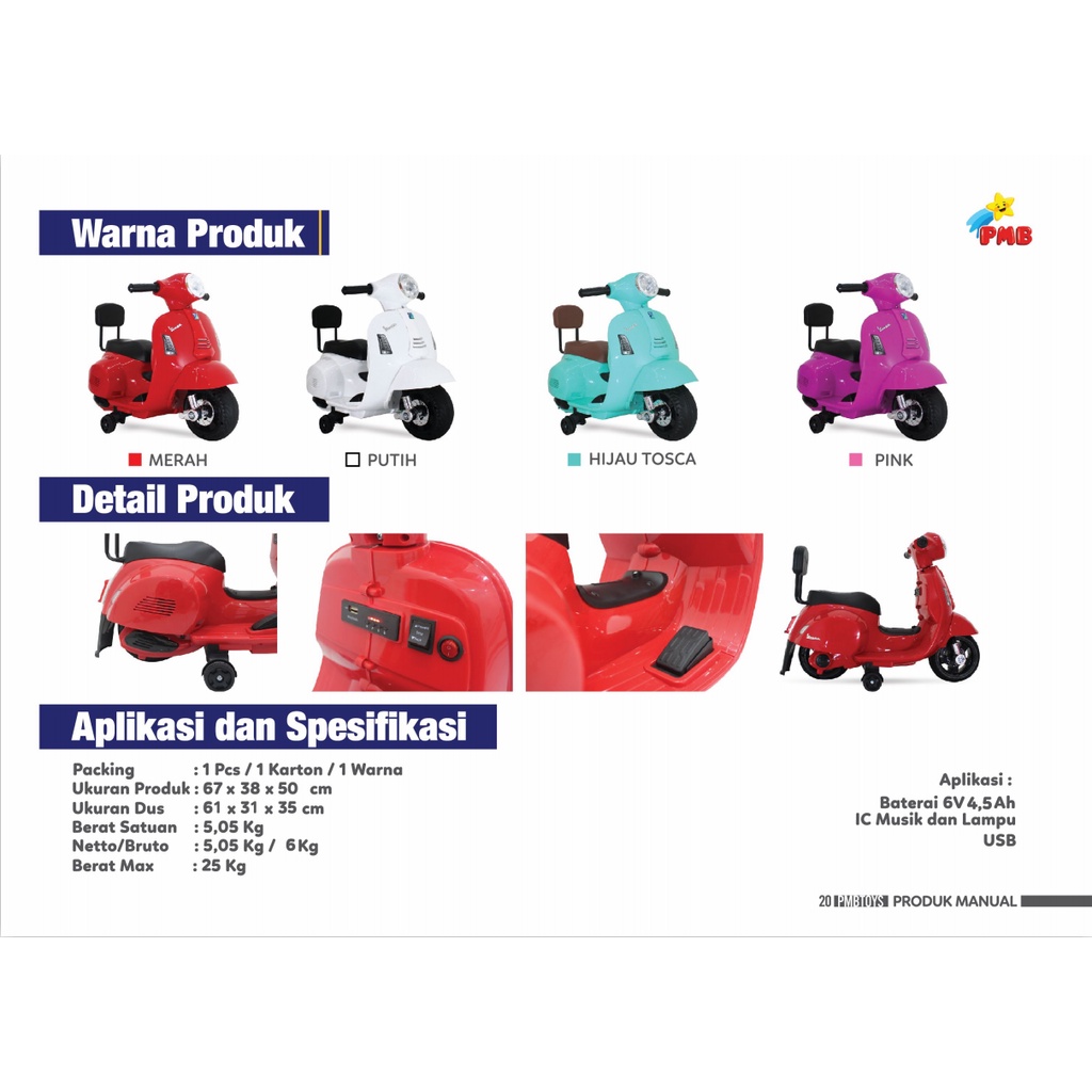 Motor Aki Mainan Anak PMB TOYS M788 VESPA 6V 7Ah Garansi Original SNI-1