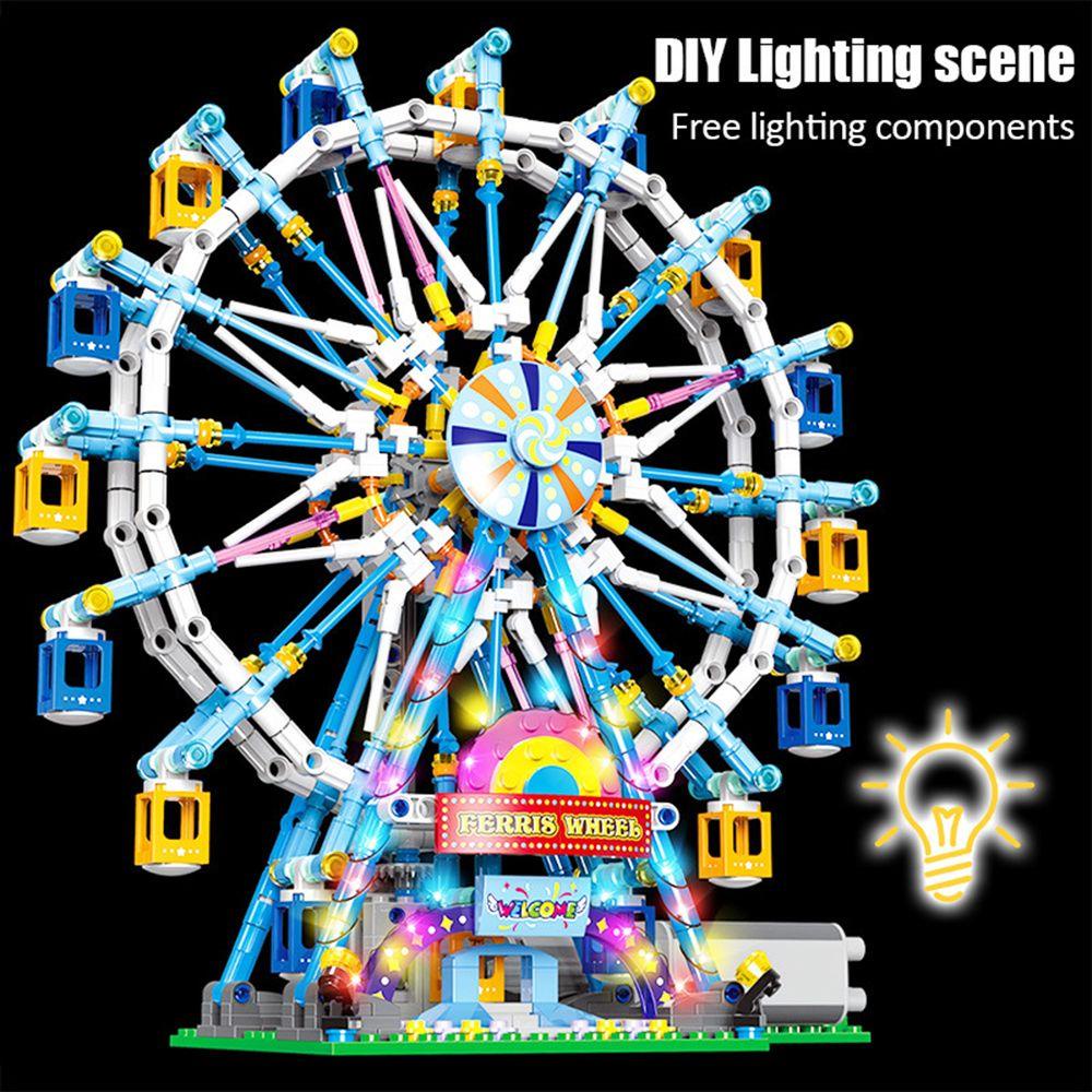 R-FLOWER 870pcs /set Ulang Tahun Ferris Wheel Berputar Dengan Lampu DIY Kreativitas Pembangun Teman Kota