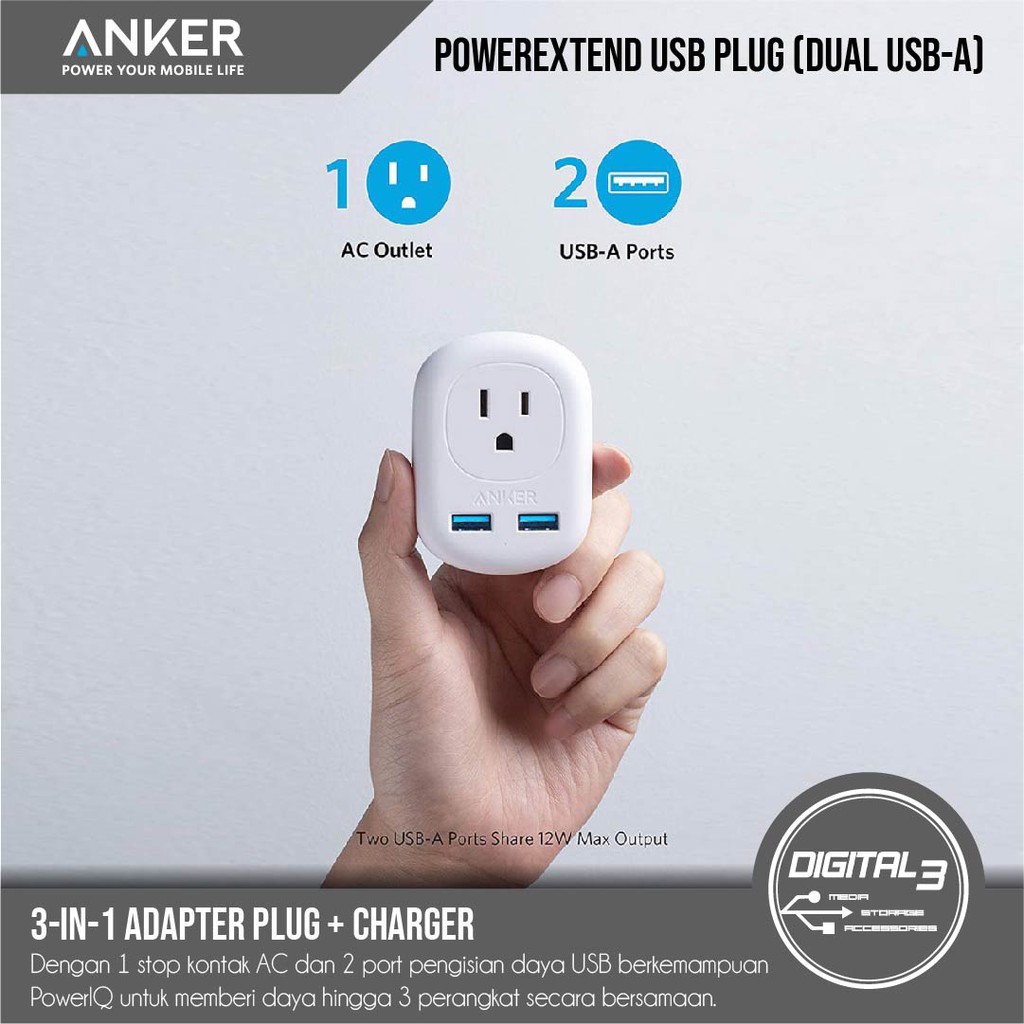 Anker PowerExtend Adapter US Plug Plus Dual USB Charger 12W A9211