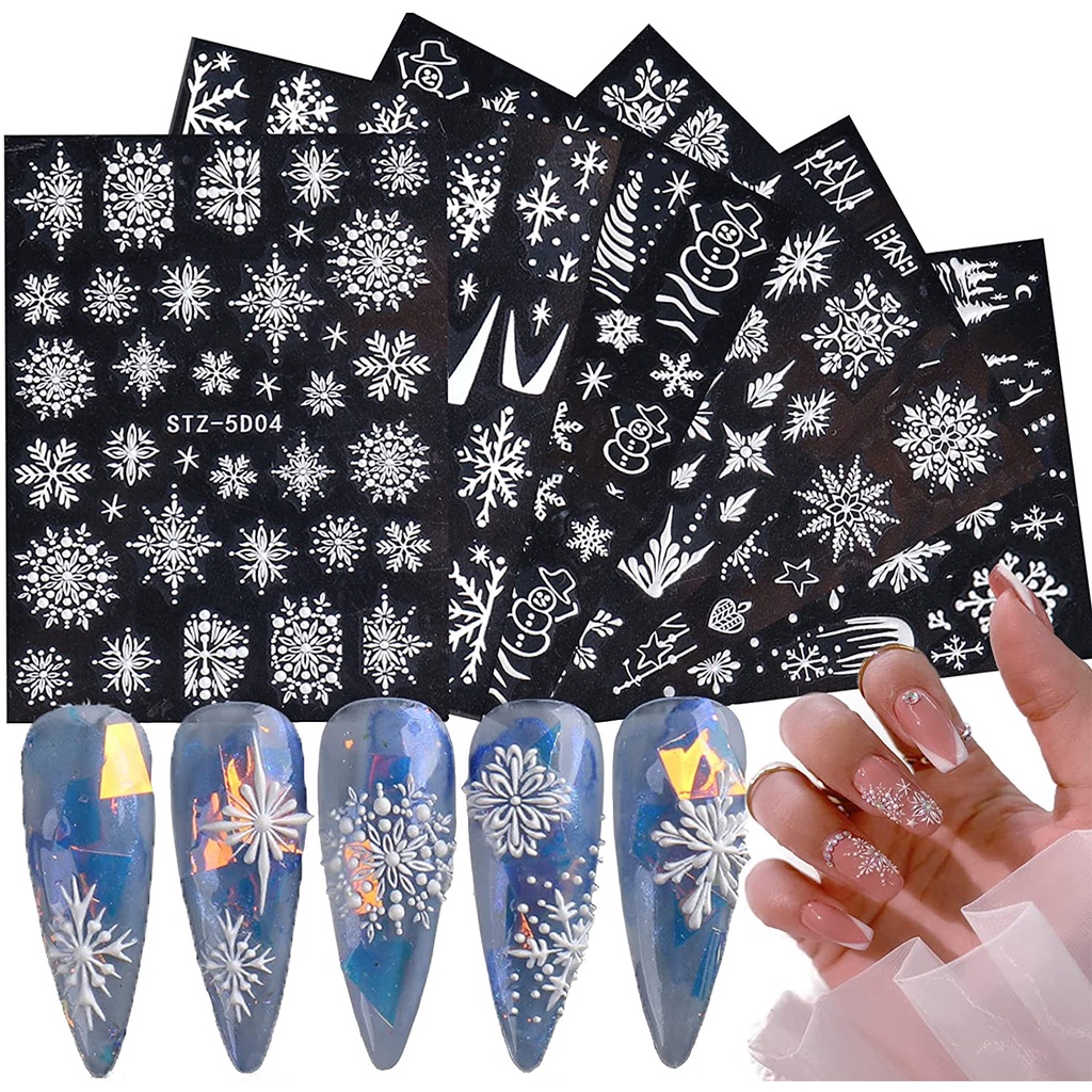 5D Three-dimensional Snowflake Nail Art Sticker/ White Embossed Christmas Nail Decals