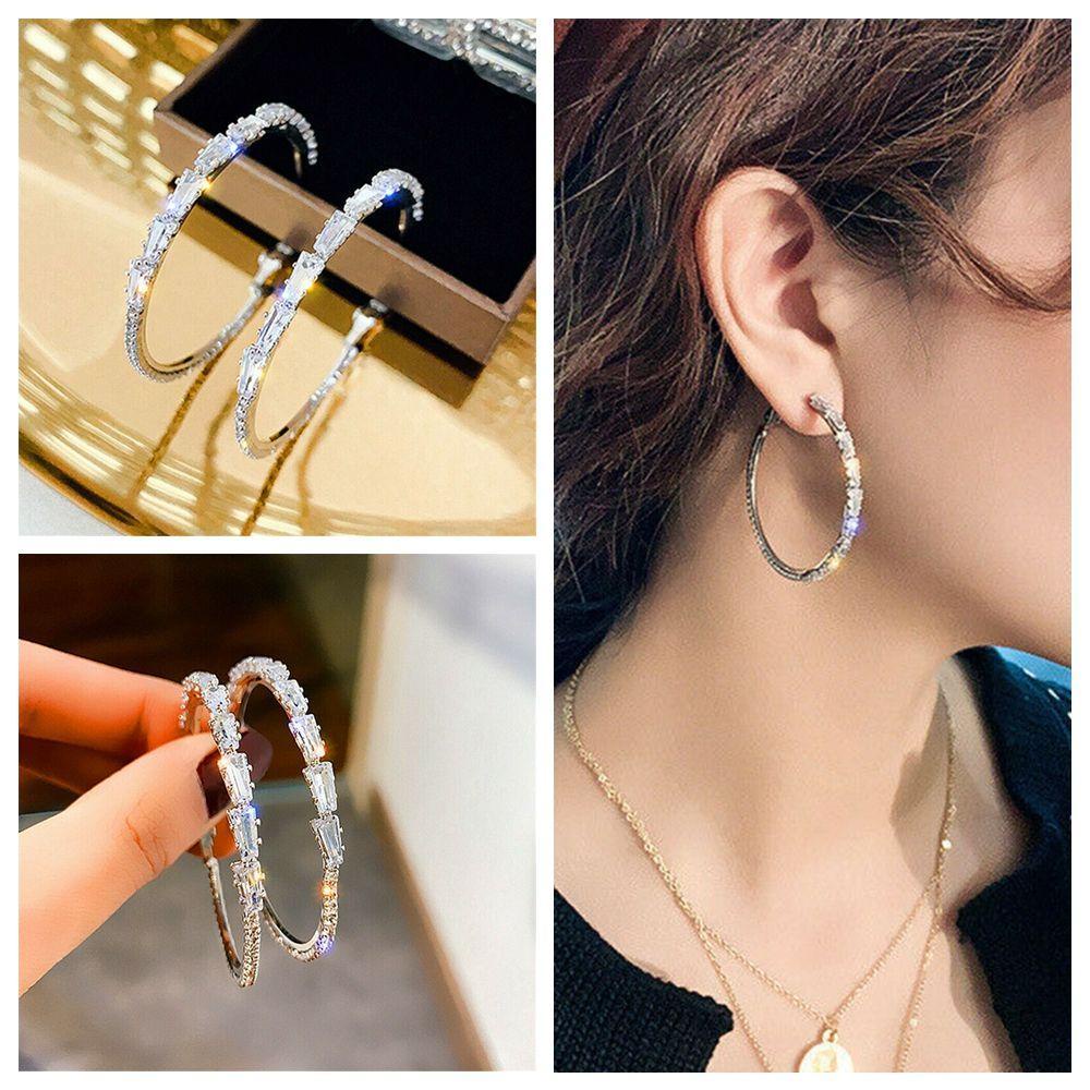 R-flower Round Hoop Earrings Fashion Cantik Pernikahan Pertunangan Lingkaran Besar Kristal Zirkon Elegan