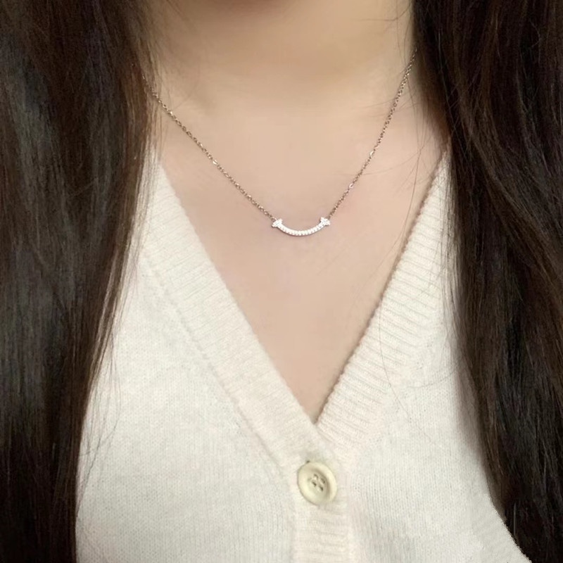 Kami Bunga Ins Trendi s925 Perak Bersinar Kristal Senyum Kalung Untuk Wanita Perempuan Elegan CZ Zirkon Bar Choker Kalung Fashion Perhiasan Aksesoris