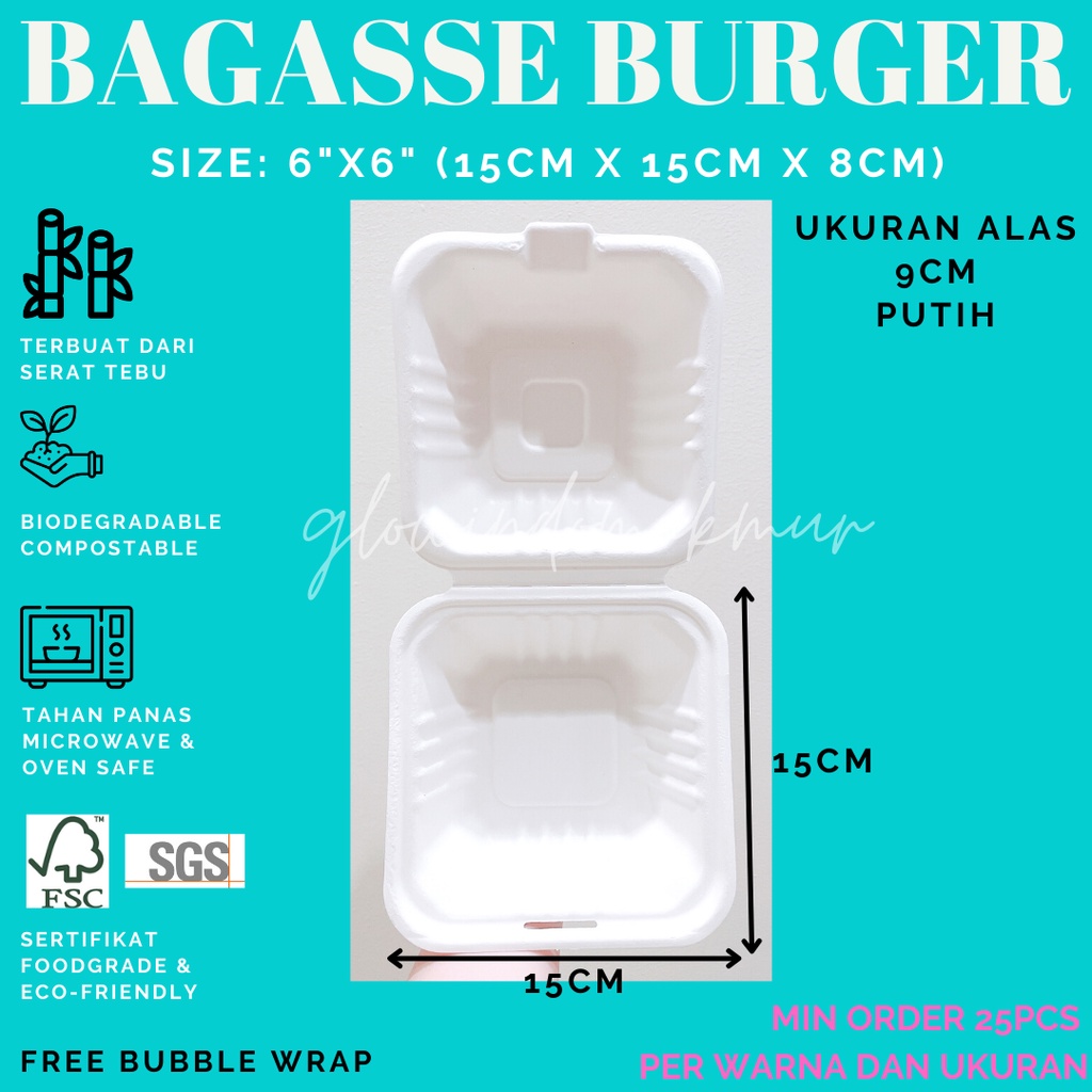 Bagasse Burger Kotak Kecil 15cm x 15cm 6inch Lunchbox Sugarcane Serat Tebu ECO FRIENDLY BENTO CAKE