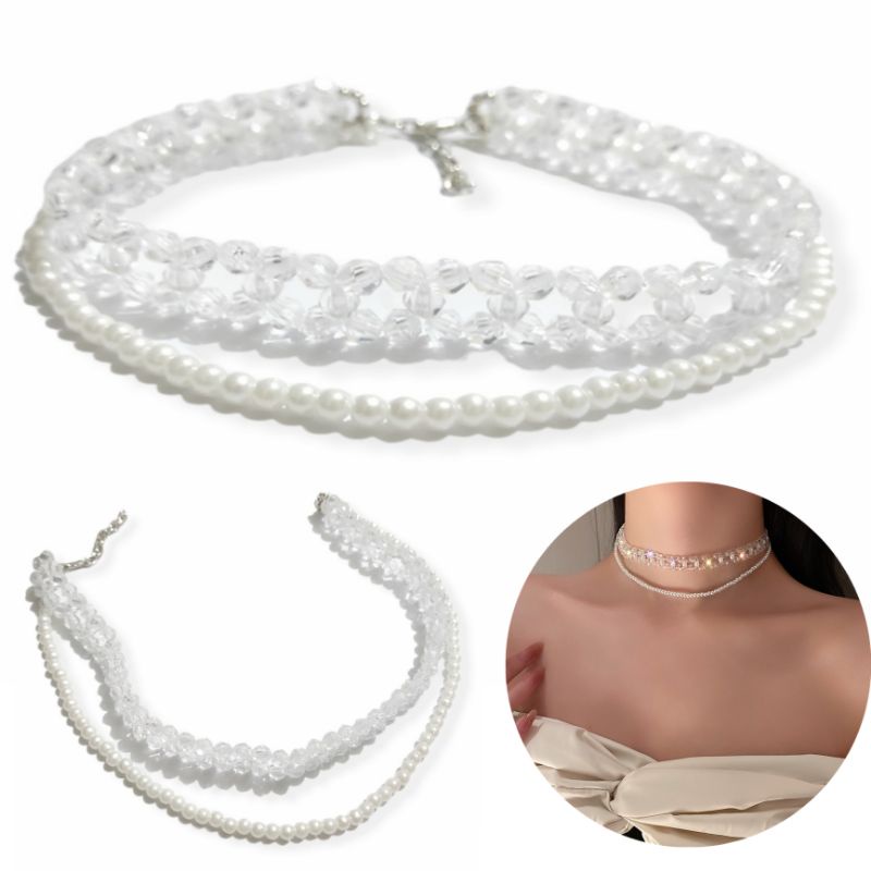 Gracia Double Layer Acrilic Clear Beads Pearl Korean Necklace Kalung Multilayer Dua Lapis Tumpuk Choker Ala Korea