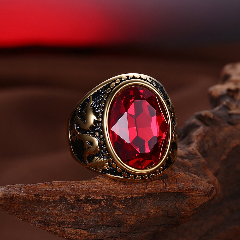 Cincin Emas 18K Desain Naga Glamor Aksen Batu Permata Merah Gaya Punk Untuk Pria