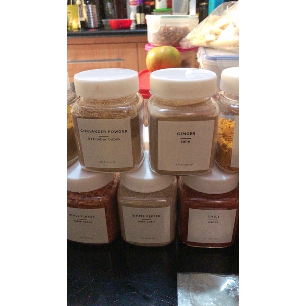 Toples Tempat Bumbu Dapur Kotak 200ml Set Aesthetic Free Sendok Label Minimalis Waterproof (2 bahasa)
