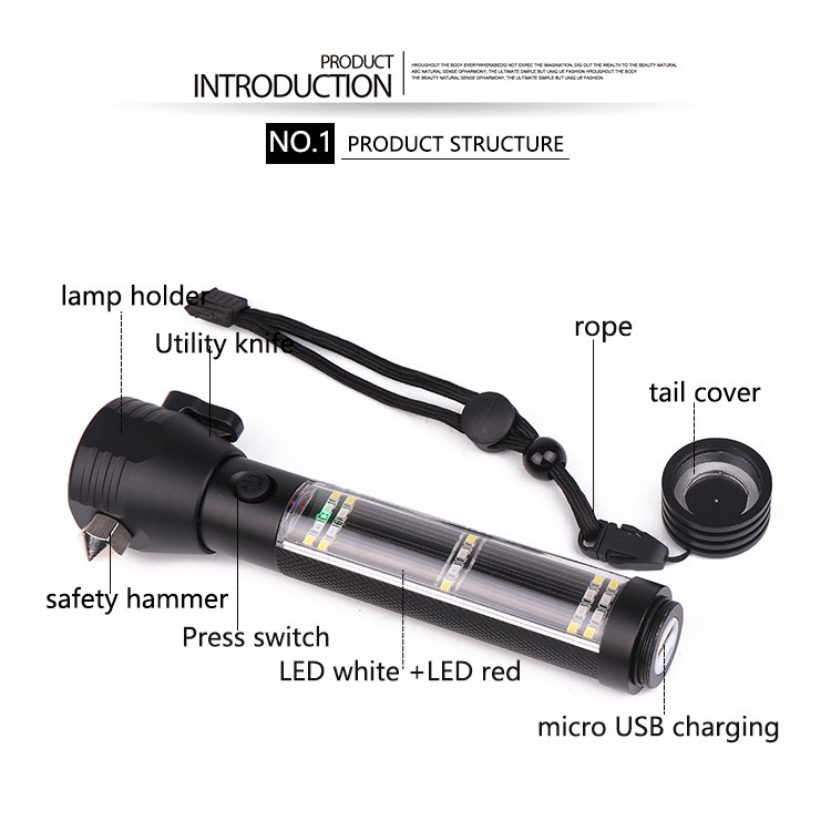 [100% ORIGINAL]Solar Senter LED Powered Torch Flashlight USB Rechargeable LED Torch Multi Function Outdoor LED Car Flashlight Ultra Bright Torch Light with Safety Hammer, Seat Belt Cutter and Compass Multi-functional