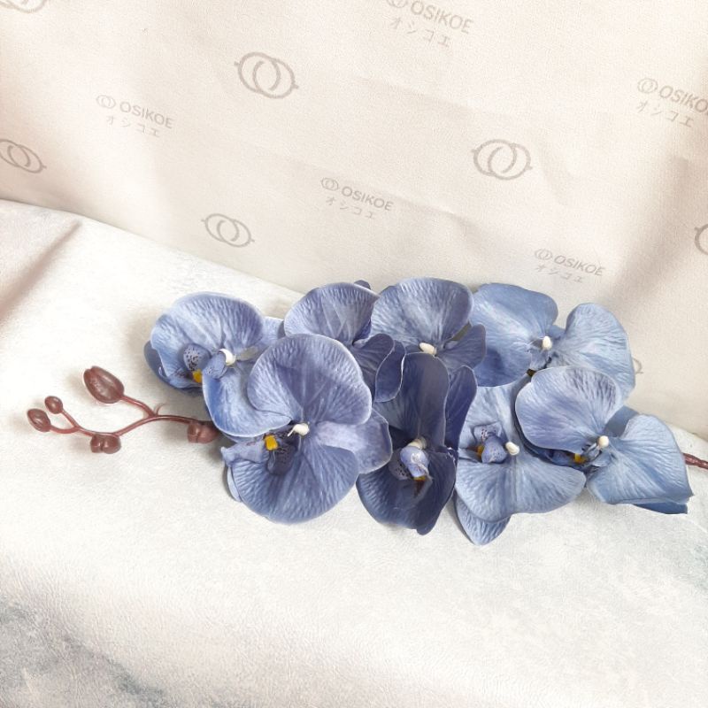 BUNGA ANGGREK BAHAN KAIN POLOS 8 KUNTUM - BUNGA ARTIFISIAL - (BAGK8KTM)-Biru