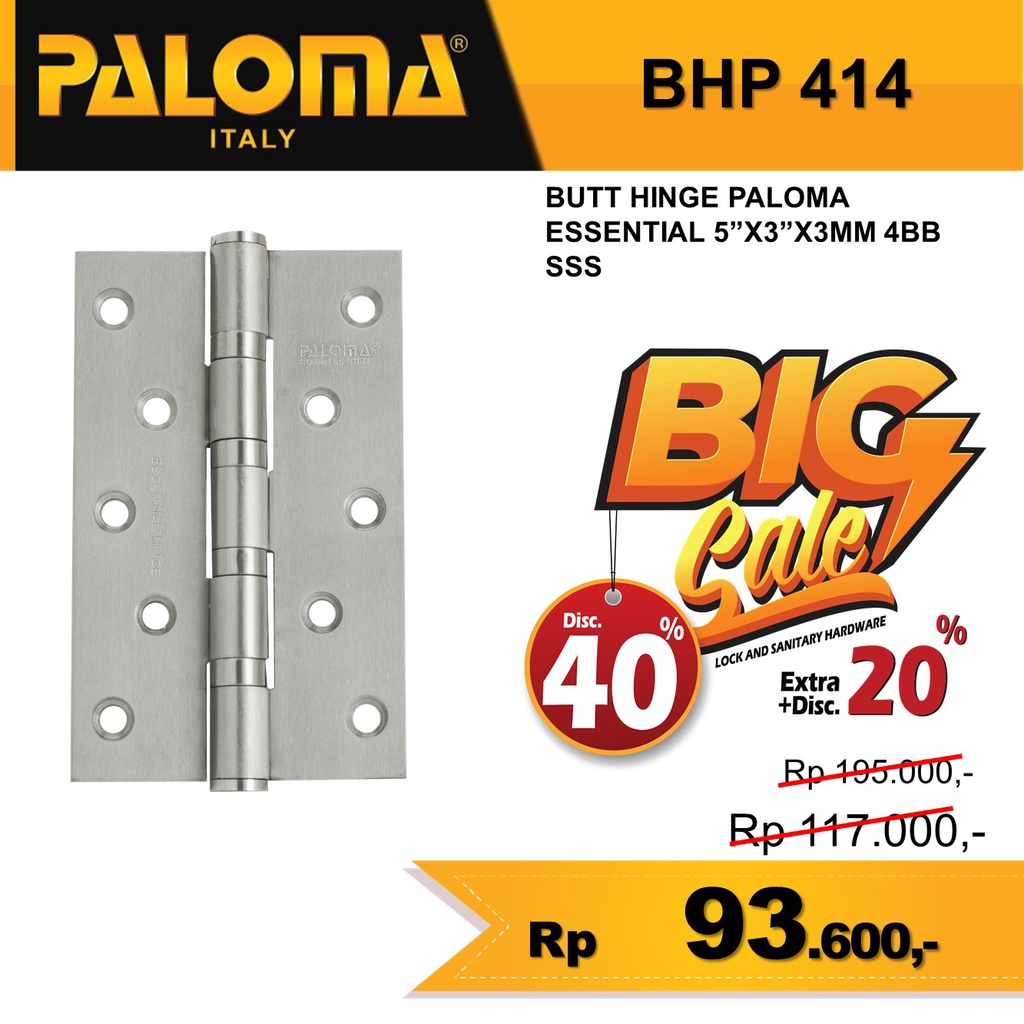 ENGSEL  PINTU 5&quot; INCH PALOMA TEBAL STAINLESS  BHP 414 (5&quot;x3&quot;x3mm) 4BB SSS