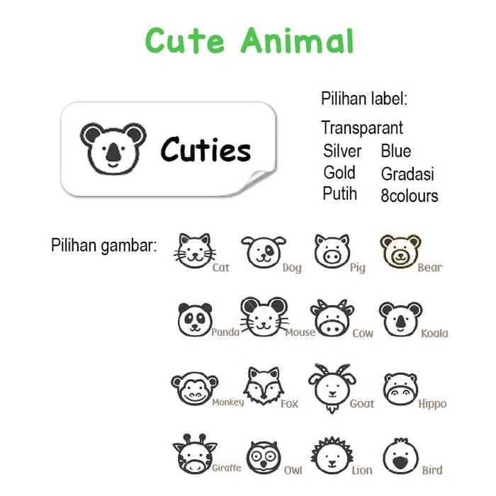 

HNVHH855 Cute Animal MEDIUM label nama waterproof. Name stickers