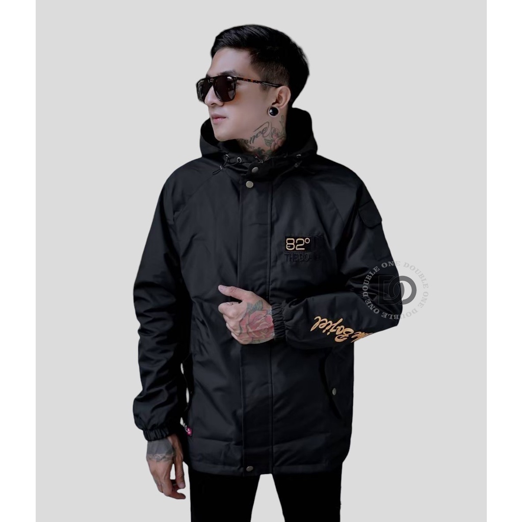 DOUBLE ONE - Jaket Hoodie Parasut Casual Reglan Original THE BOJIEL  / Jaket Taslan Pria / Jaket Waterproof Black